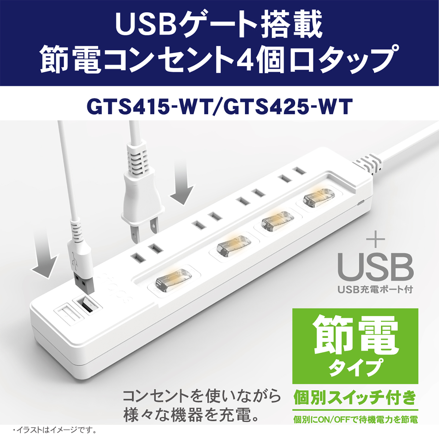 製品情報 | USBゲート搭載 節電コンセント4個口タップ1.5ｍ | GTS415-WT | 株式会社トップランド(TOPLAND)